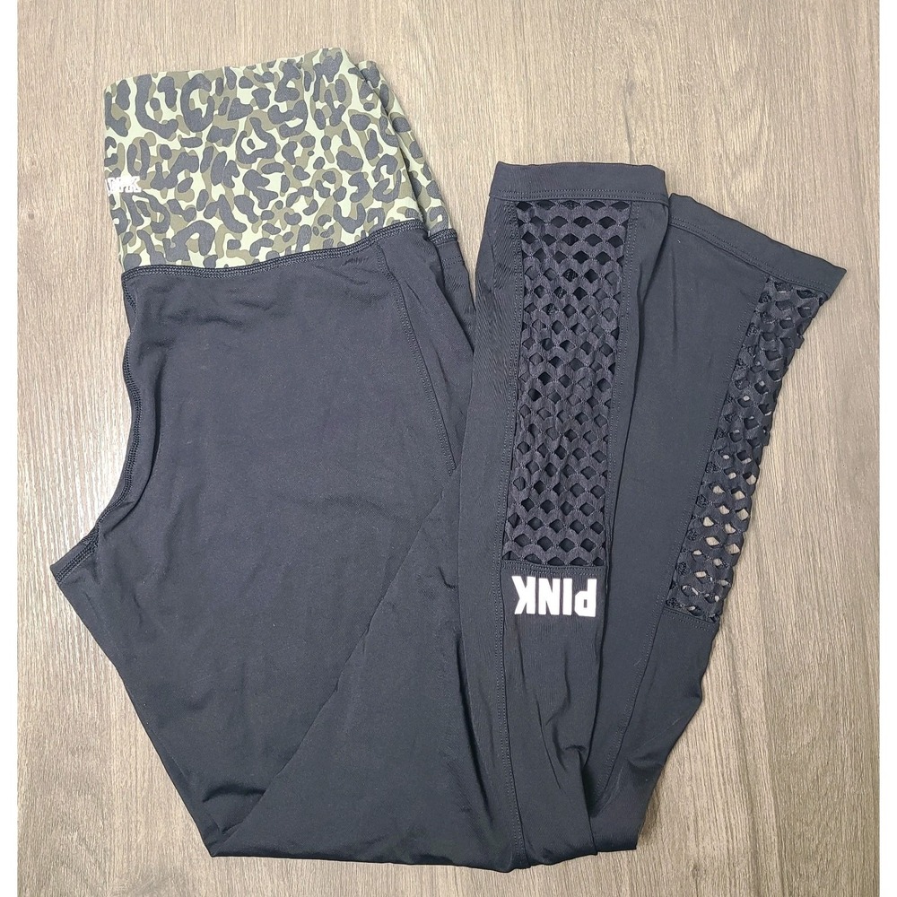 Victoria's Secret PINK Ultimate Leggings Womens L Black Leopard High Waist Mesh